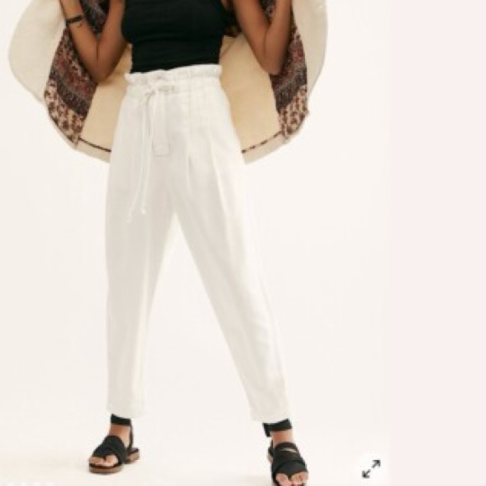 FREE PEOPLE Margate Pleated Paperbag Trouser Pant White Cream High Waist Sz S
